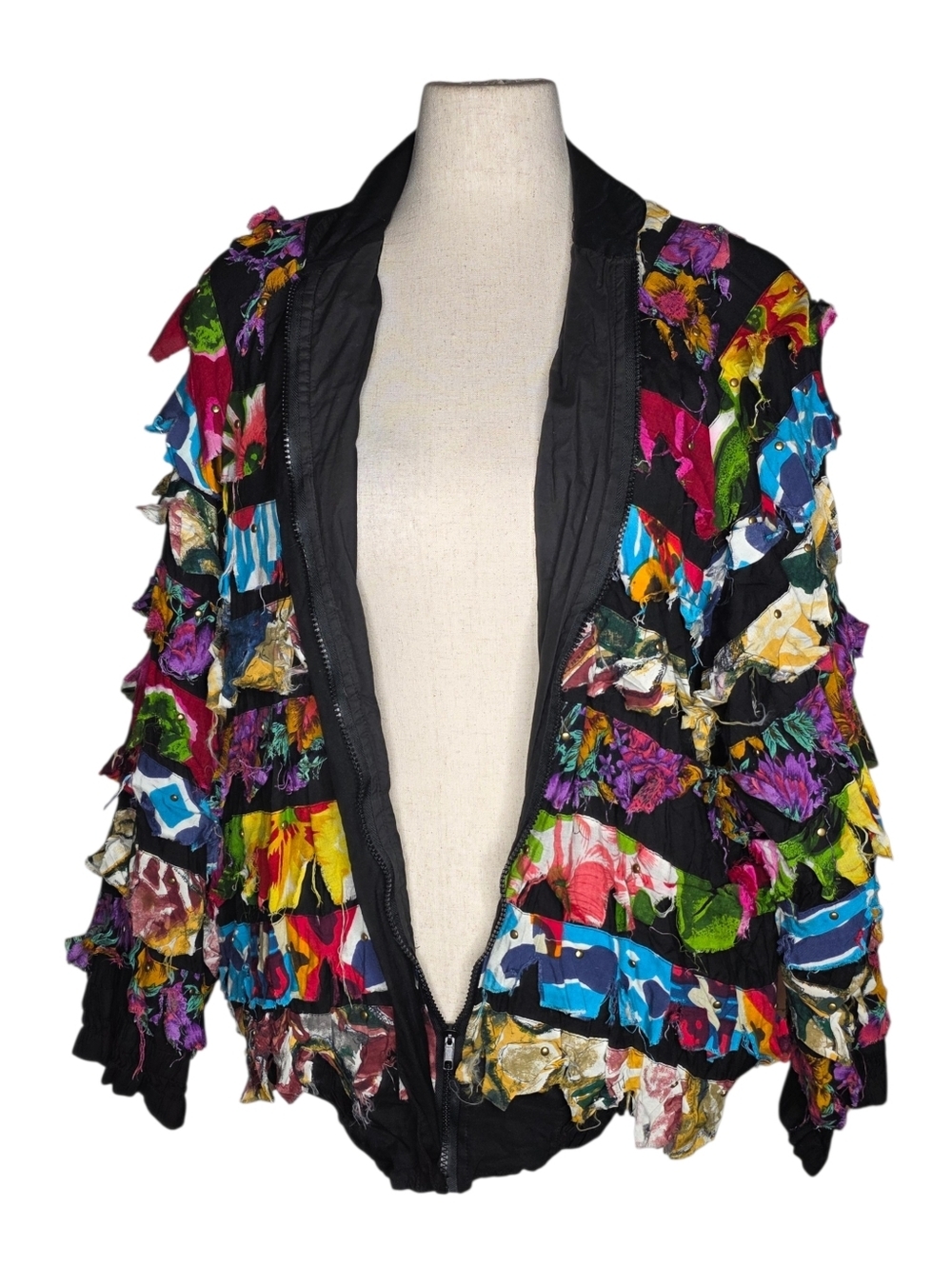 Vintage 90s Carina Patchwork Jacket XL Boho Frayed Floral Zip Art - Picture 3 of 10